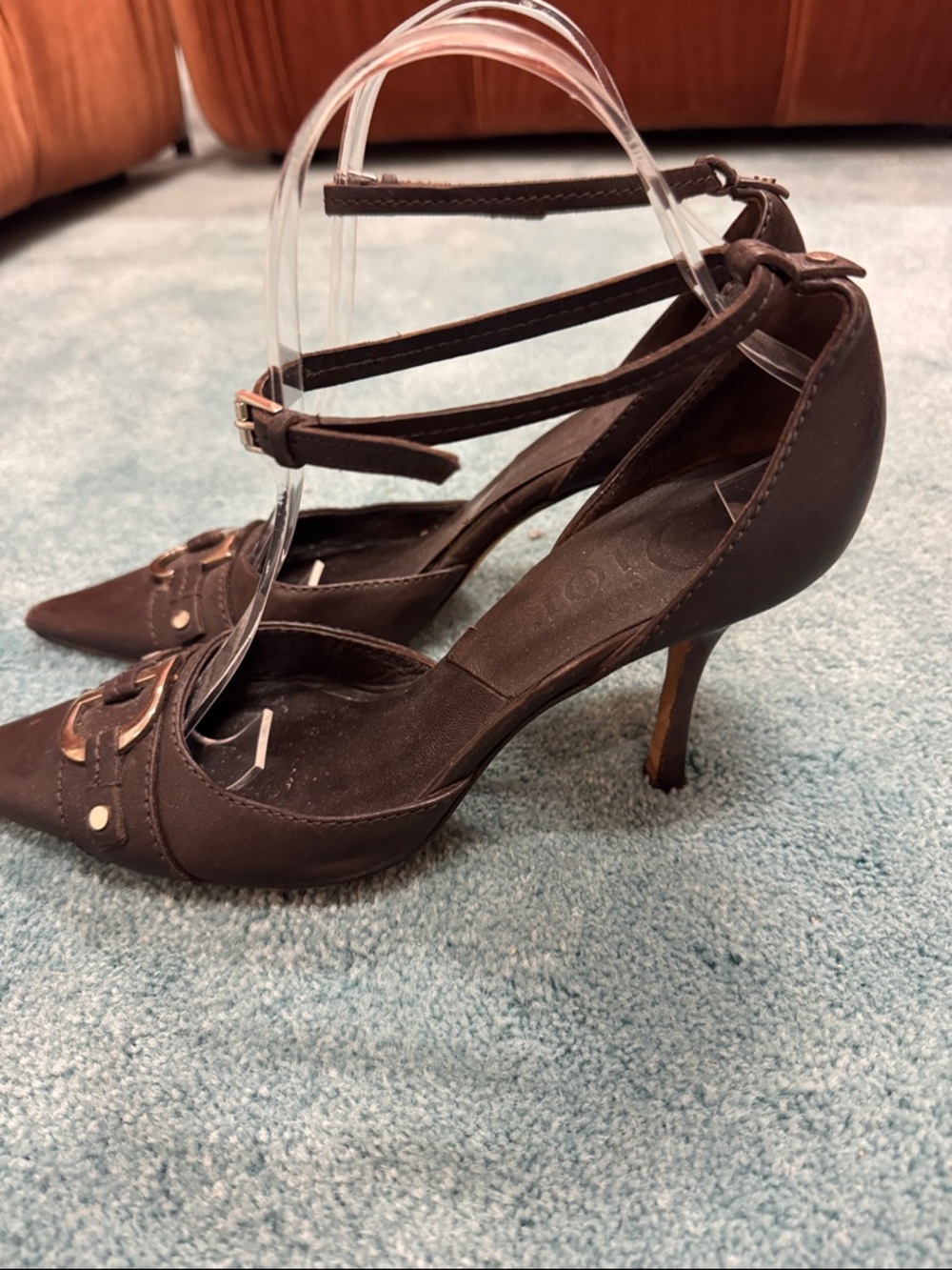 CD Dior Women’s Brown Pointed Toe Ankle Strap Pumps with Gold Accent - Picture 2 of 3